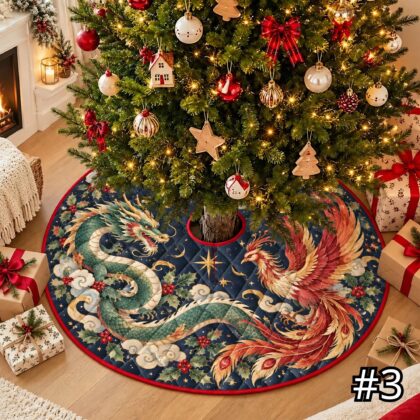 Dragon and Phoenix Quilt Christmas Tree Skirt – Red Blue Mythical Creatures with Clouds and Stars - Image 3