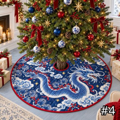 Crimson Celestial Dragon Quilt Christmas Tree Skirt – Red Blue Mythical Serpent with Clouds and Stars - Image 4