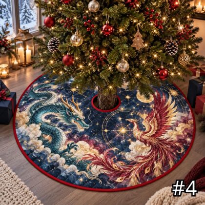 Dragon and Phoenix Quilt Christmas Tree Skirt – Red Blue Mythical Creatures with Clouds and Stars - Image 4