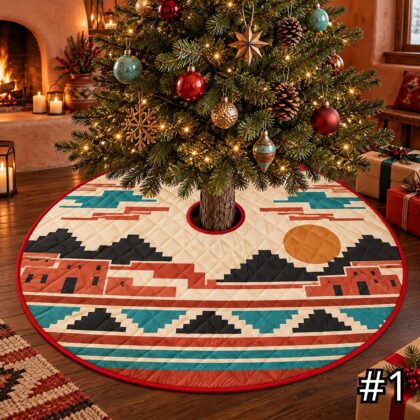 Pueblo Adobe Winter Quilt Christmas Tree Skirt – Native-Inspired Southwest Village Snow Scene