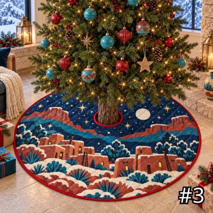 Pueblo Adobe Winter Quilt Christmas Tree Skirt – Native-Inspired Southwest Village Snow Scene - Image 3