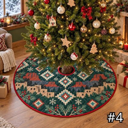 Pueblo Adobe Winter Quilt Christmas Tree Skirt – Native-Inspired Southwest Village Snow Scene - Image 4