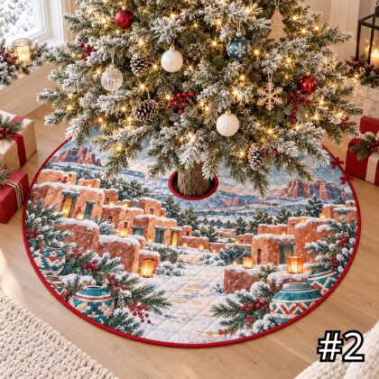 Alternative view of Pueblo Adobe Winter Quilt Christmas Tree Skirt – Native-Inspired Southwest Village Snow Scene