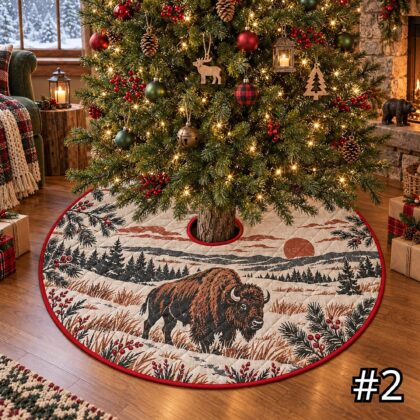 Alternative view of Great Lakes Woodland Floral Quilt Christmas Tree Skirt – Native-Inspired Deer Loon and Wildflower Winter
