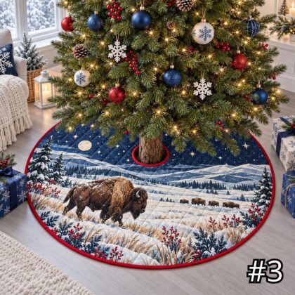 Great Lakes Woodland Floral Quilt Christmas Tree Skirt – Native-Inspired Deer Loon and Wildflower Winter - Image 3