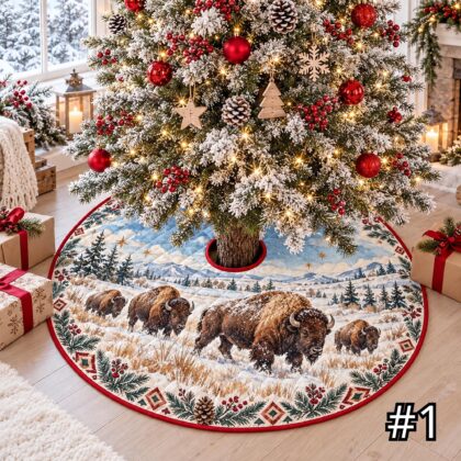 Great Lakes Woodland Floral Quilt Christmas Tree Skirt – Native-Inspired Deer Loon and Wildflower Winter