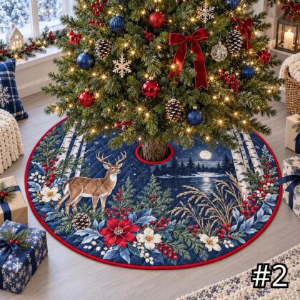 Alternative view of Northwest Coastal Wildlife Quilt Christmas Tree Skirt – Native-Inspired Orca Bear Eagle Ocean Scene